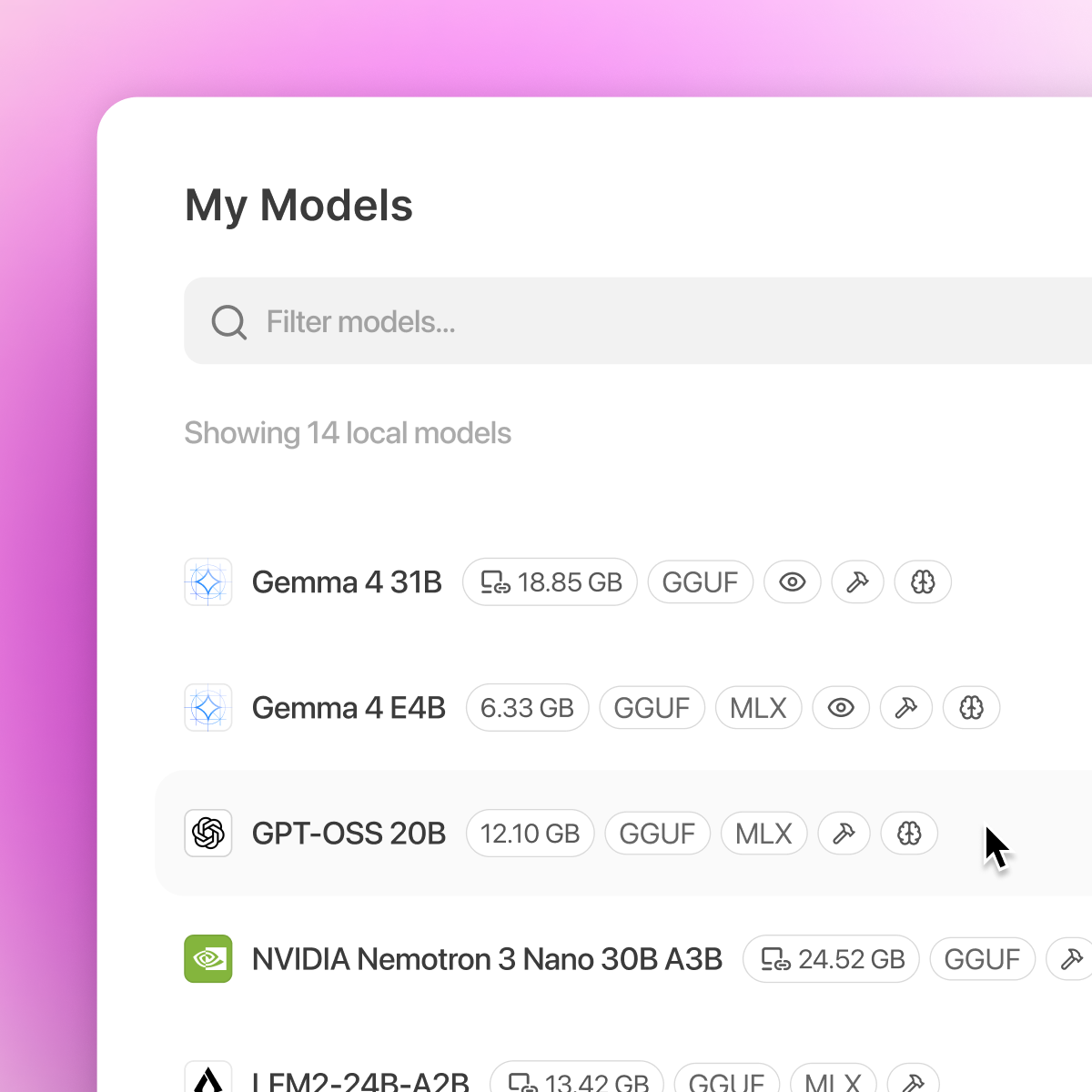 Bionic local model manager showing Gemma, GPT-OSS, Nemotron, and other open models