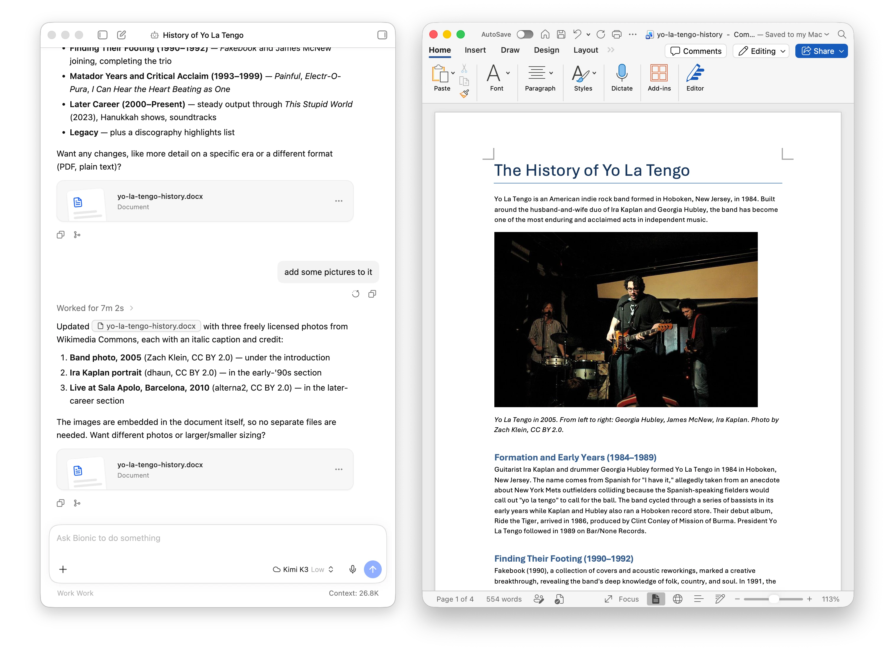 Kimi K3 adding freely licensed pictures to a Word document about Yo La Tengo
