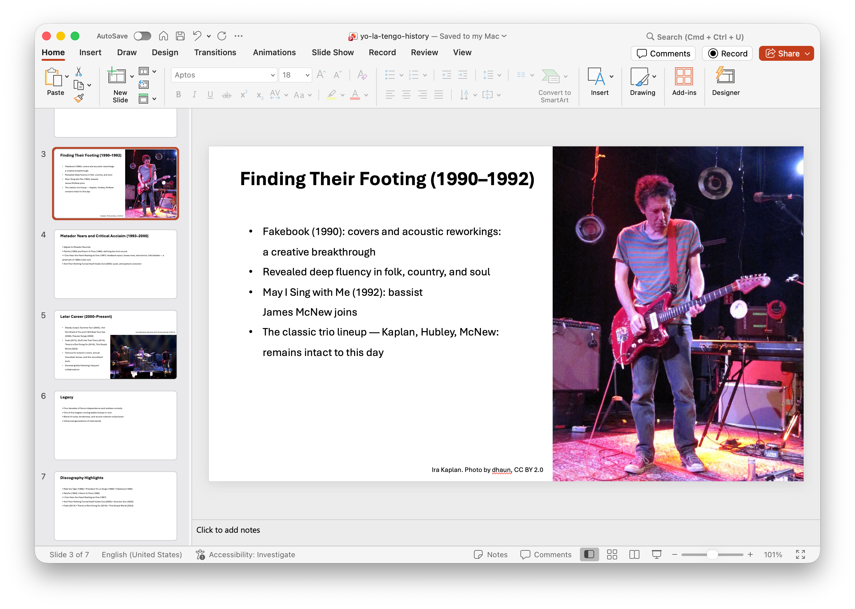 A PowerPoint slide about Yo La Tengo created by Kimi K3