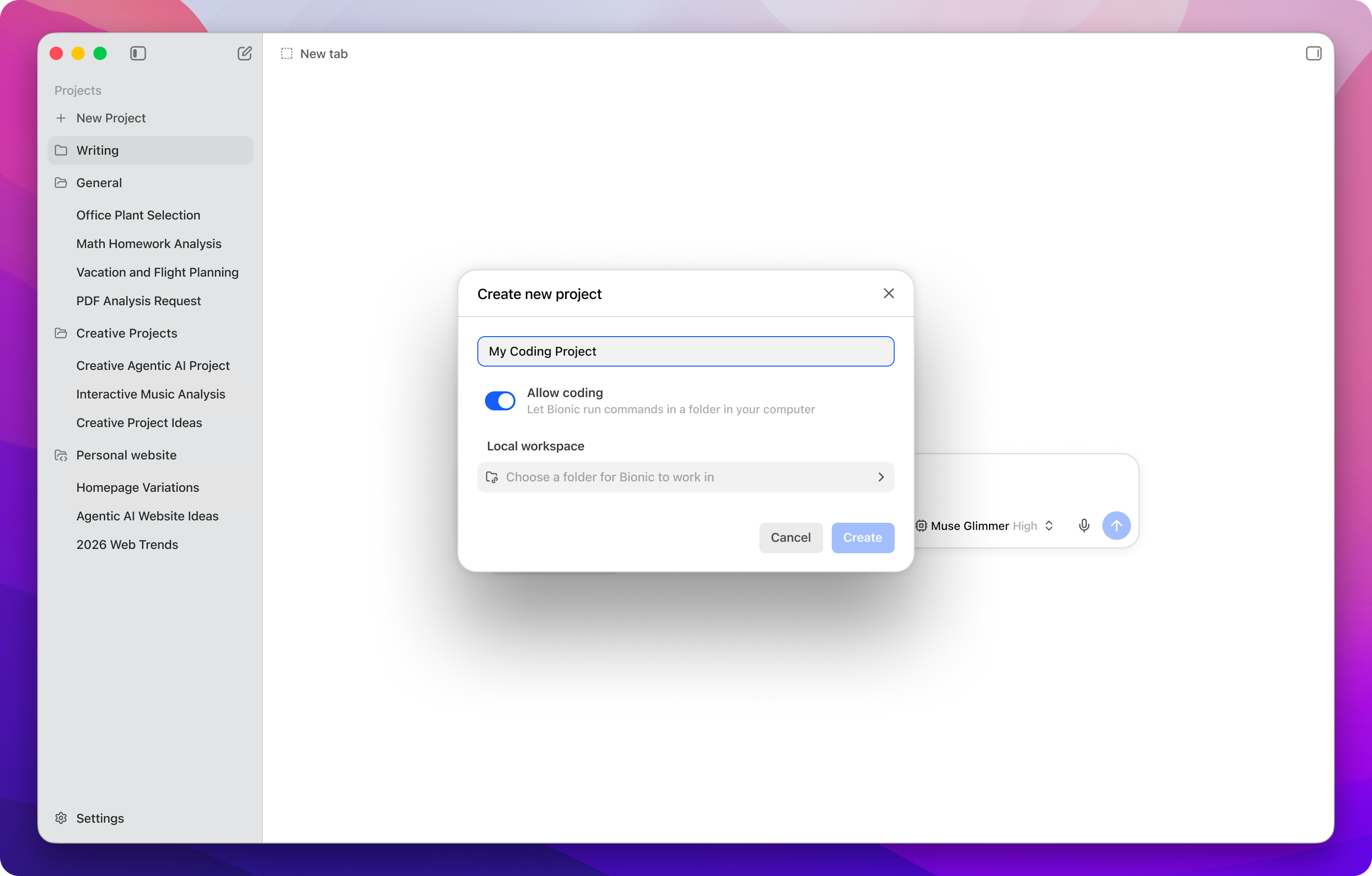 Creating a new project in Bionic with Allow Coding enabled and Muse Glimmer selected