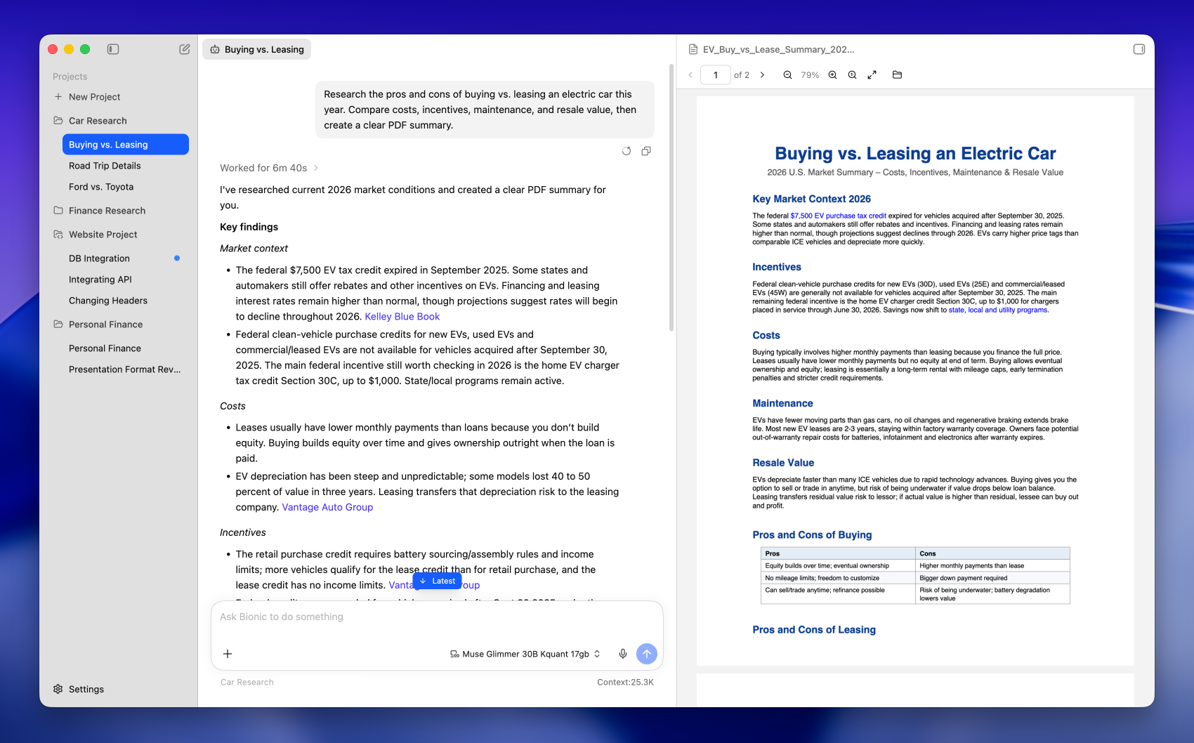 Bionic researching buying vs. leasing an electric car with Muse Glimmer and producing a PDF summary