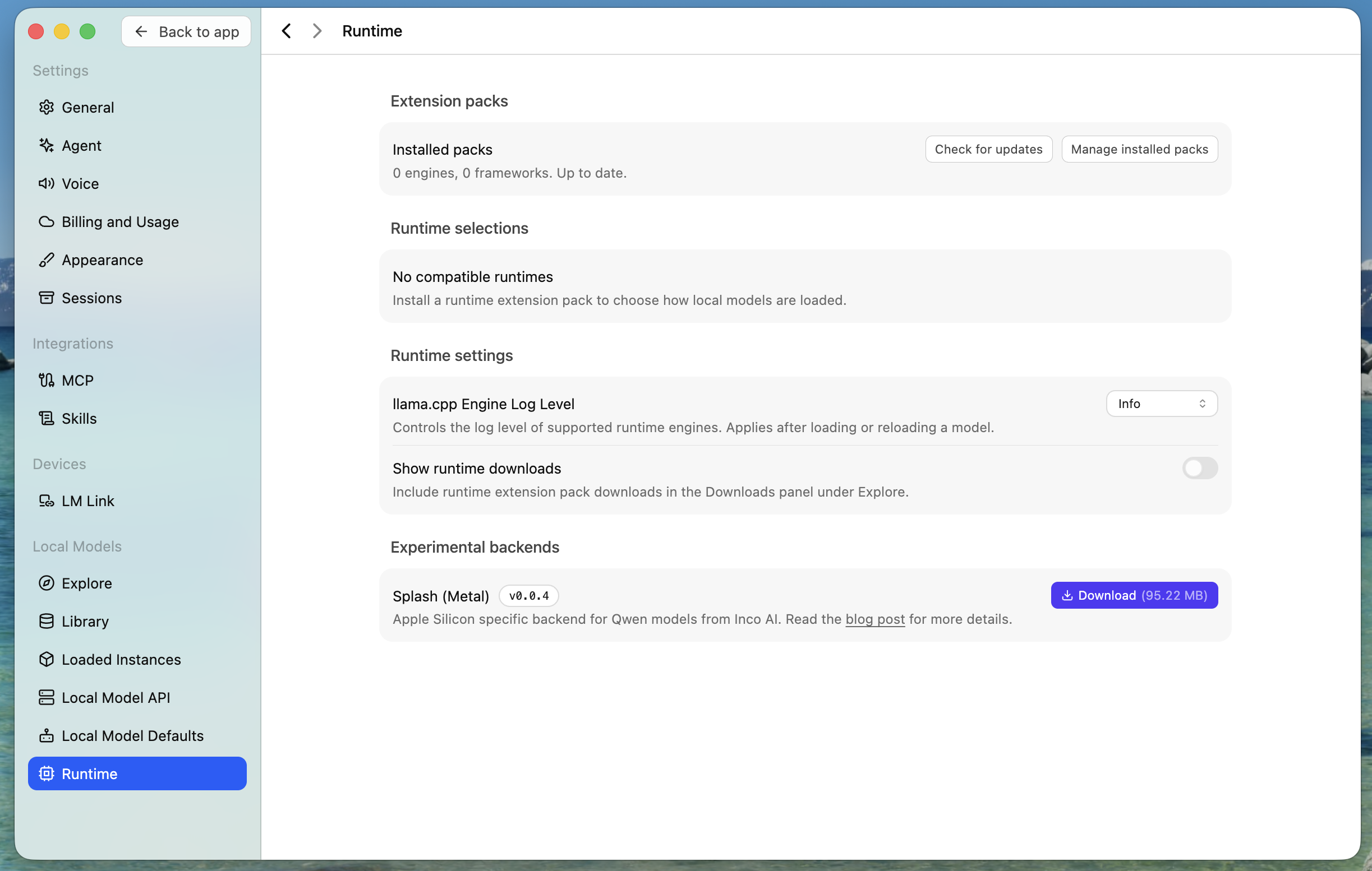 LM Studio Bionic Runtime settings showing the Download button for Splash (Metal) under Experimental backends