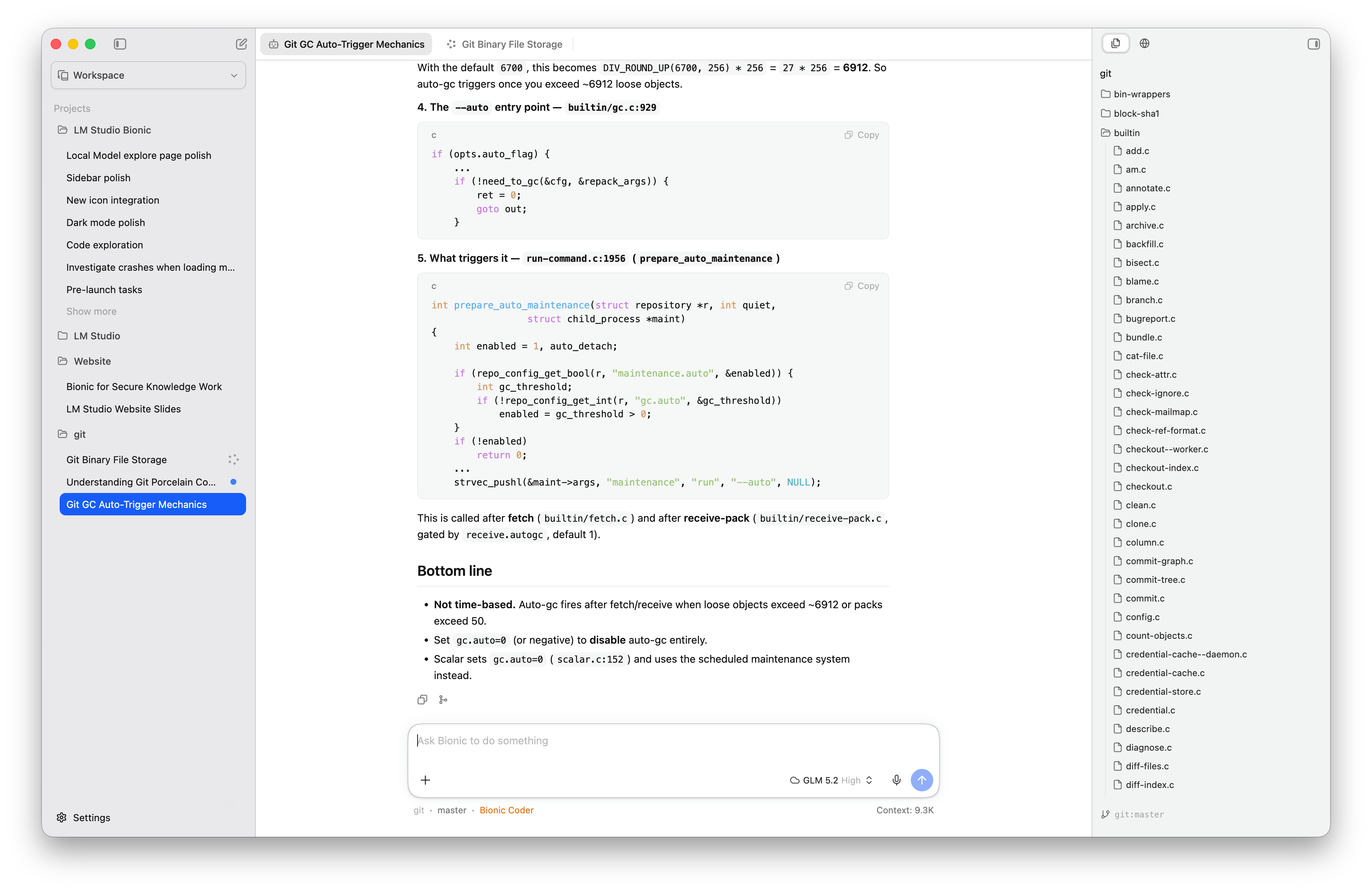 Bionic code project with source files open